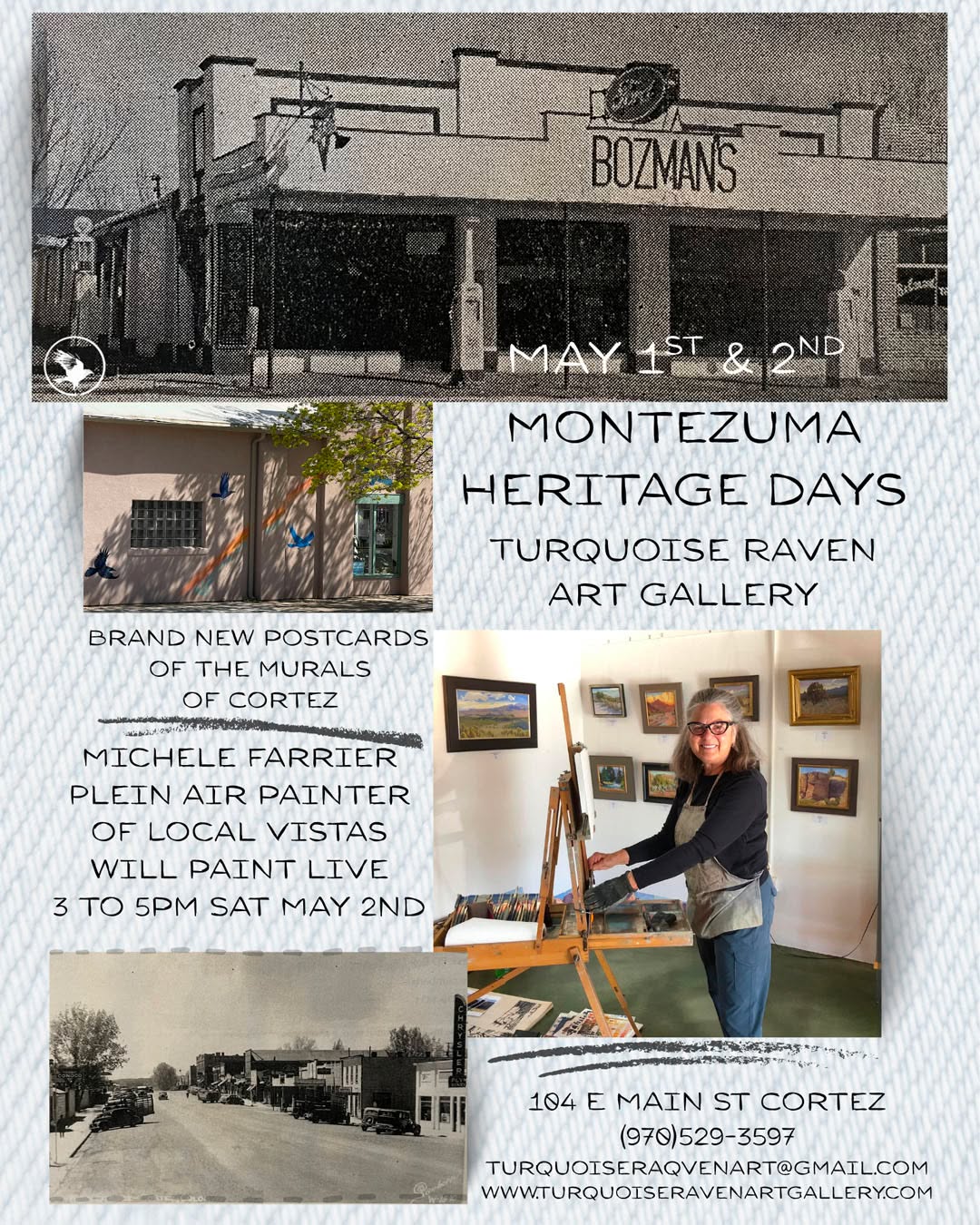 Celebrating the history of Cortez through Michele’s art ✨
It’s always a joy—and a bit of a learning moment—to watch Michele bring local landscapes to life.

Join @turquoiseravenartgallery during Montezuma Heritage Days, May 1st and 2nd, and see her paint live on Saturday, May 2nd, from 3–5 PM. There’s something special about watching each piece unfold right in front of you.

New mural postcards will also be available—another way to take a little piece of Cortez with you.

Stop by, take it in, and connect with the story behind the brush.
#cortezcolorado #montezuma #montezumaheritagedays #MicheleFarrier #livepaint #supportlocalart #turquoiseravenartgallery #coloradoart #coloradoartist